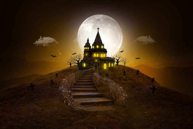 Halloween Castle and a Full Moon  banner or poster background