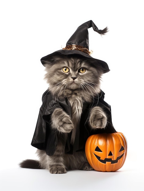 Halloween cat wearing witch costume with pumpkin isolated on white background