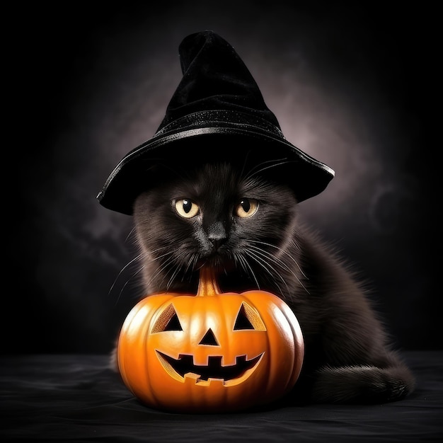 Halloween cat in witch hat with pumpkin Jack O Lantern on dark background