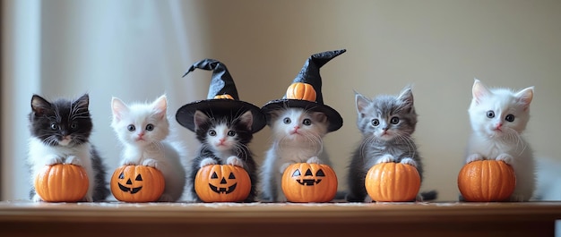 Halloween Cats in Adorable Costumes Holding Tiny Pumpkin Lanterns Fun and Festive Holiday Arrangement