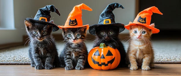 Halloween Cats dressed in adorable costumes holding tiny Jack o Lantern pumpkins on a concept photo with copy space for text