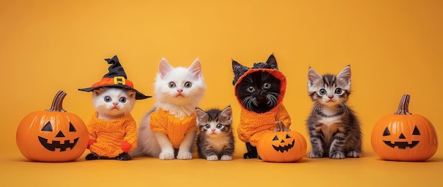 Photo halloween cats dressed in witch costumes black cats and pumpkin costumes holding tiny jackolantern pumpkins