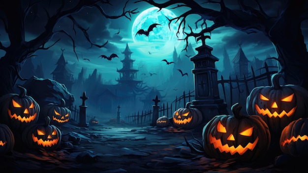 Halloween cemetery background with pumpkins in blue night