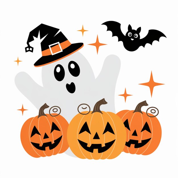 Photo halloween characters white ghost with pumpkin hat two orange pumpkins black bat star designs for