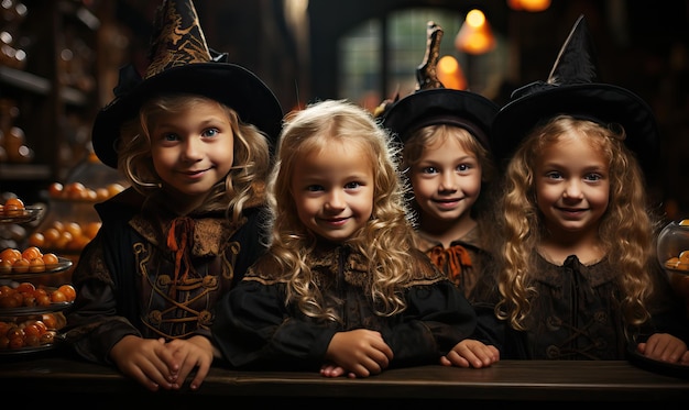 Halloween children in hats on the background of pumpkins Selective soft focus