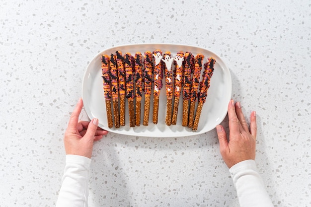 Halloween chocolatecovered pretzel rods