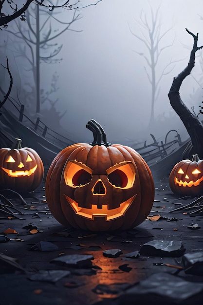 Halloween Cinematic Poster With Skull and Pumpkins Wallpaper