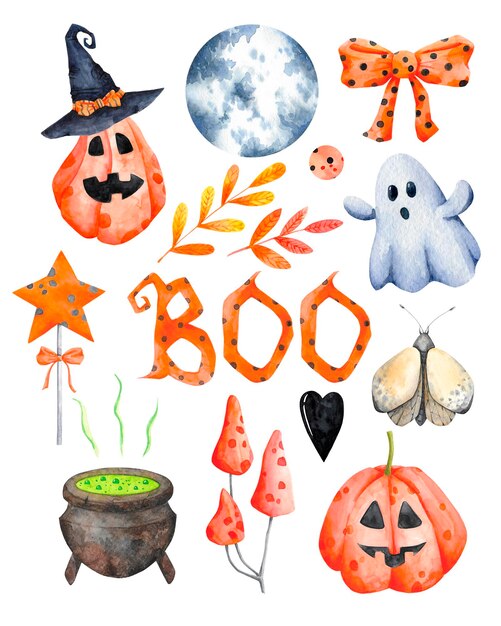 Photo halloween clip art set. autumn, fall holiday clipart collection. watercolor helloween illustrations