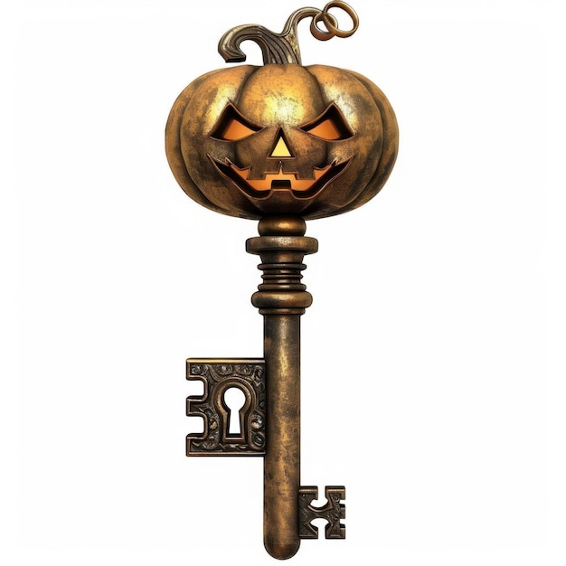 Halloween clipart of a skeleton key with a pumpkin lock white background