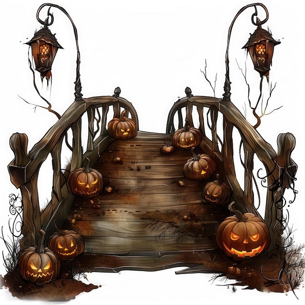 Halloween clipart of a spooky bridge with pumpkins white background