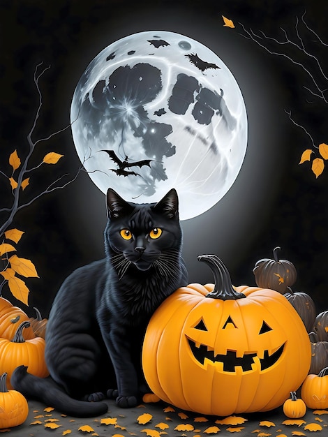 Halloween coal black cats with background full moon AI images