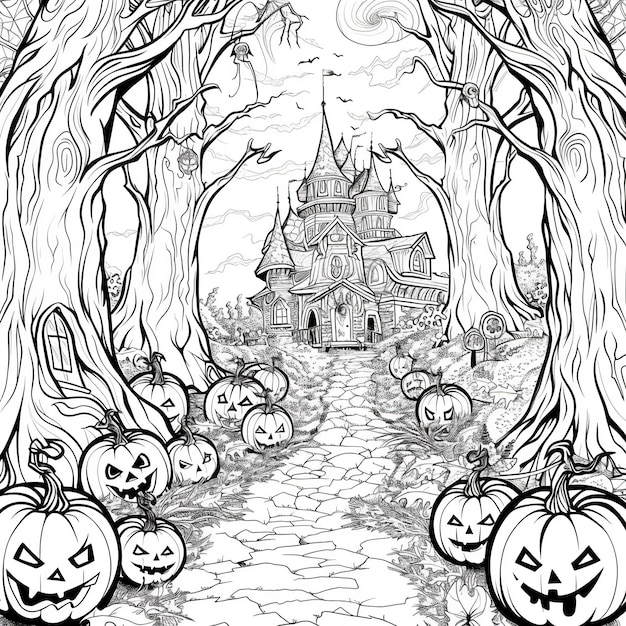 Photo halloween_coloring_page_pumpkins_ghosts_bats_witches