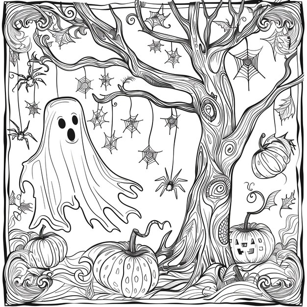 Photo halloween_coloring_page_pumpkins_ghosts_bats_witches