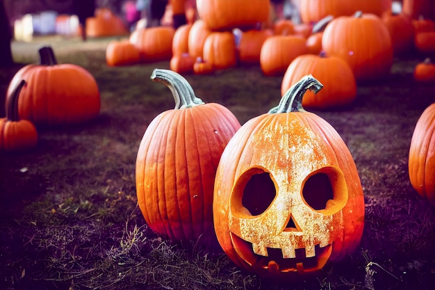 Halloween composition of a burning pumpkin with a bat High quality photo