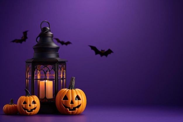 Halloween composition Lantern pumpkins on purple background Made with Generative AI