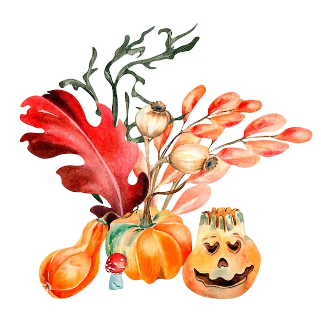 Halloween composition with colorful plants watercolor illustration isolated on white background