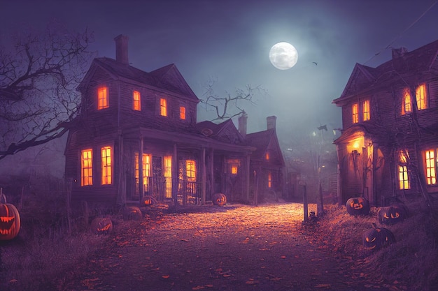 Halloween concept background of realistic horror house and creepy street with moonlight