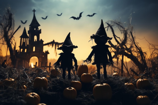 Halloween concept Cute little children in costumes of skeleton and witch in the field