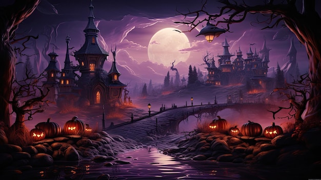 Halloween concept on dark foggy background Scary dark cemetery with pumpkins and candles