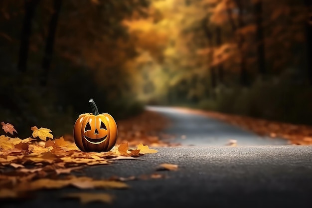 Halloween Concept Featuring Decorative Pumpkin On Road During Autumn