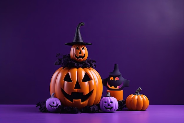 Halloween concept featuring pumpkin ghost and podium on purple background