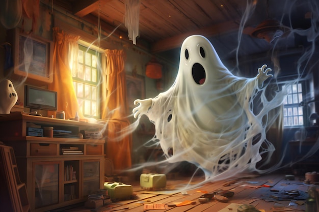 Halloween concept Funny ghost in the interior of the house