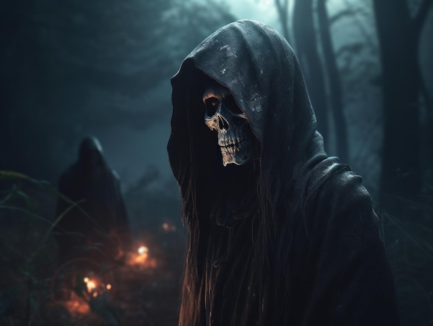 Halloween concept Scary grim reaper skeleton in the forest Created with Generative AI technology