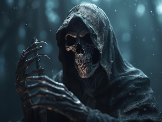 Halloween concept Scary grim reaper skeleton in the forest Created with Generative AI technology