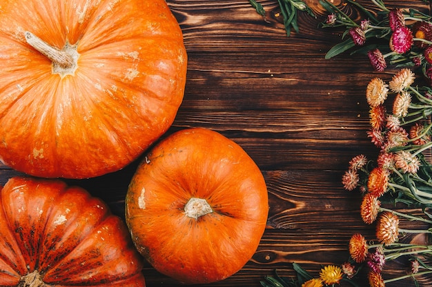 Halloween concept with fresh pumpkins and flowers on the wooden table. Trick or Treat view from above