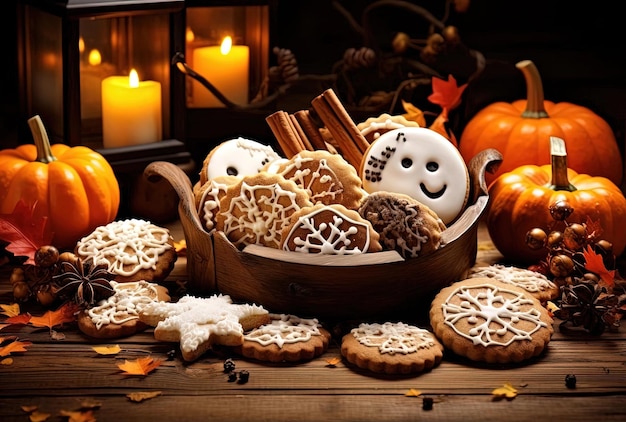 halloween cookies set on a wooden table in the style of matthias haker