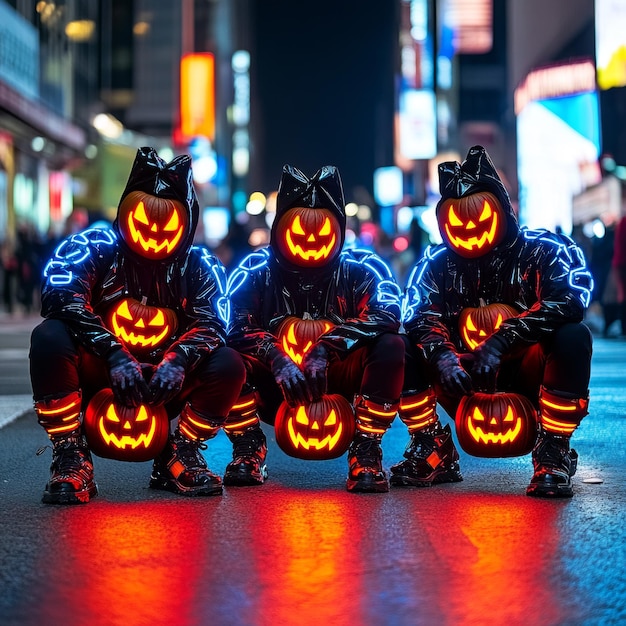 Halloween Costume Jack o Lantern Neon Lights City Street Scary