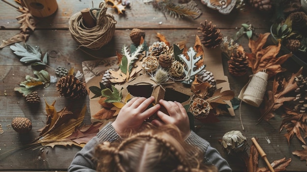 Photo halloween crafting natureinspired art with recycled materials on a rustic table