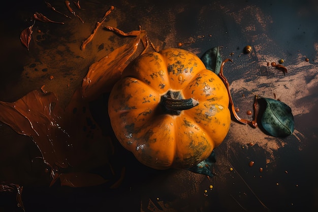 Halloween creative still life Pumpkins on dark brown background Seasonal greeting card