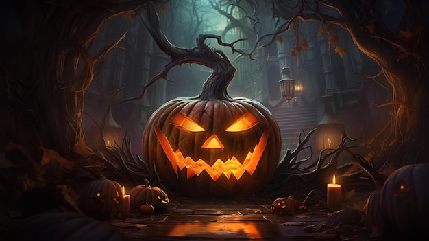 Halloween creepy glowing pumpkin near the dark castle Generative AI