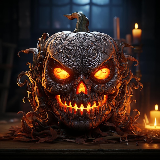 halloween creepy skull lighten pumpkin jack o'lanterns AI generated