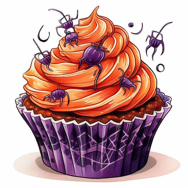 Halloween cupcake layered frosting on a white background in the style of watercolor illustration