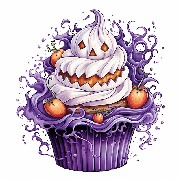 Halloween cupcake layered frosting on a white background in the style of watercolor illustration