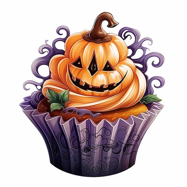 Halloween cupcake layered frosting on a white background in the style of watercolor illustration