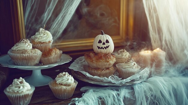 Photo halloween cupcakes sitting on antique table with candles and cobwebs