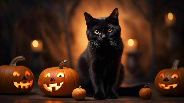 Halloween cute black cat and pumpkin lanterns AI generated image