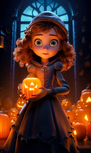 Halloween cute gothic witch girl 3d character cartoon pumpkin potrait banner wallpaper background