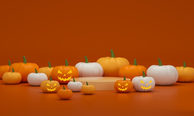 Photo halloween cylinder platform with many pumpkins on a orange studio background. empty podium platform. 3d rendering.