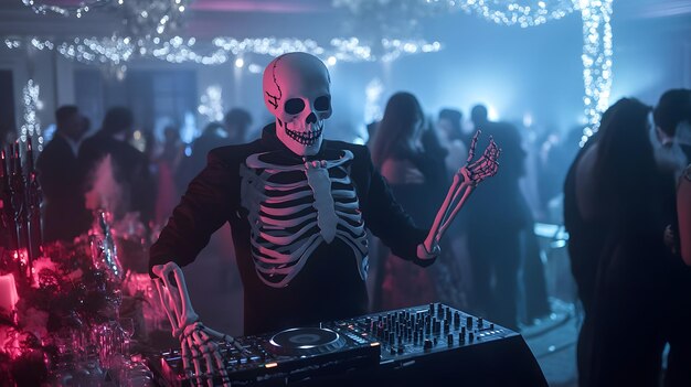 Photo halloween dance party with a dj dressed as a skeleton eerie lights and decorations