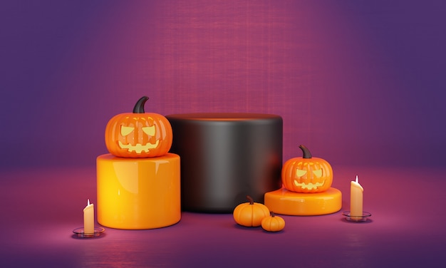 Halloween day orange purple pumpkin product podium stage and spooky candlelight background