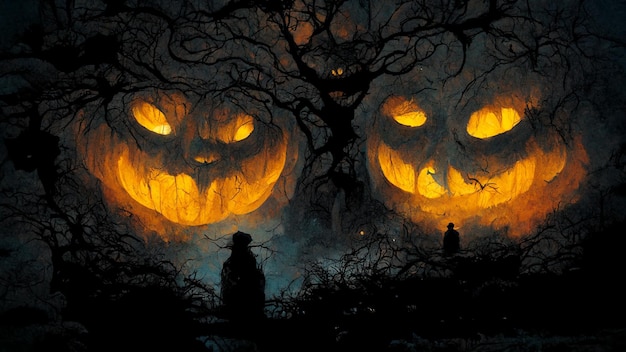 Halloween day. Pumpkins. Halloween spooky Horror Ghost Demon background October 31.