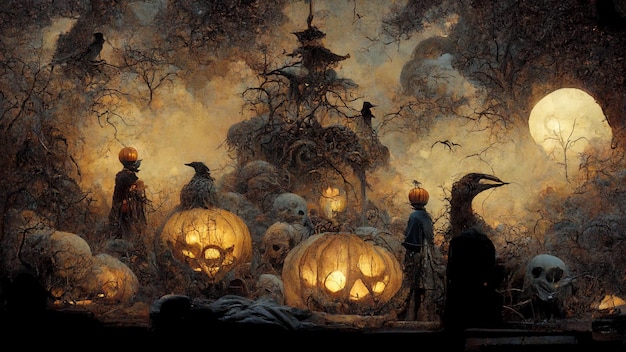 Halloween day. Pumpkins. Halloween spooky Horror Ghost Demon background October 31.