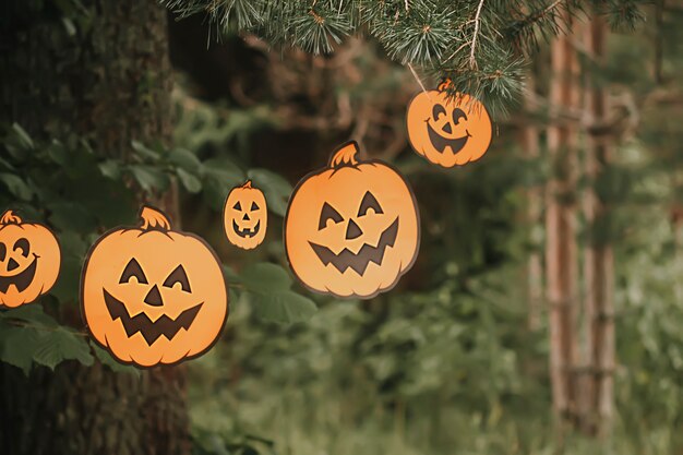 Halloween decor outdoors. Paper pumpkins in garland