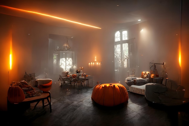 Halloween decorated home interior with costumed figures neural network generated art