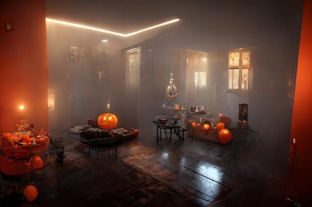 Halloween decorated home interior with costumed figures neural network generated art