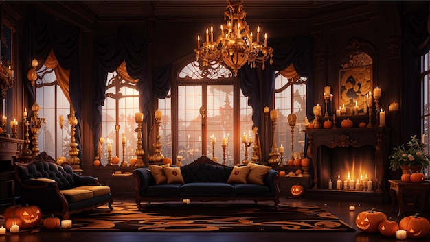 Halloween Decorated Mansion Living Room